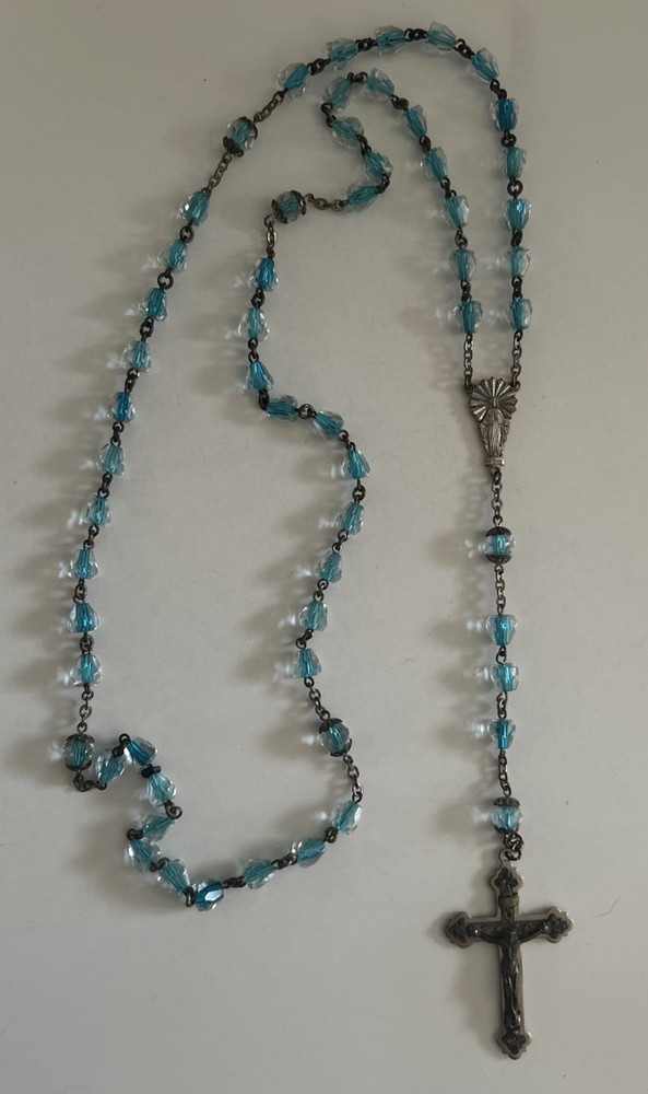 Vintage Rosary 23.5" Faceted Glass Rectangular Light Blue Beads