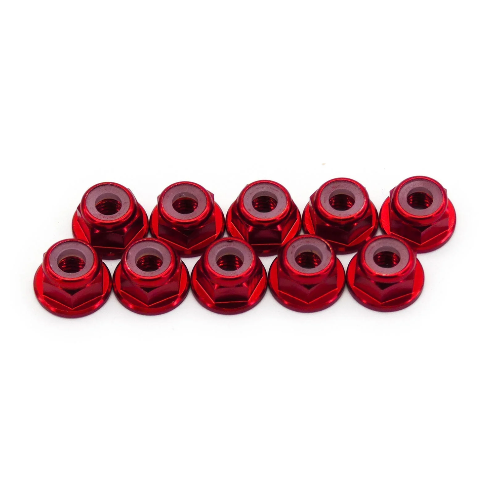 10pcs M4 Flange Locking Hex Nuts Nylon Insert Anodized Aluminum (Red)