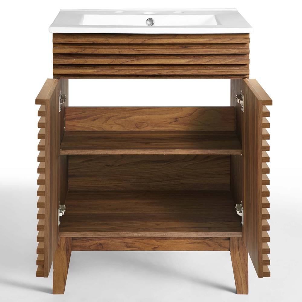 Modway Render Mid-Century Bathroom Vanity With Sink in Walnut White