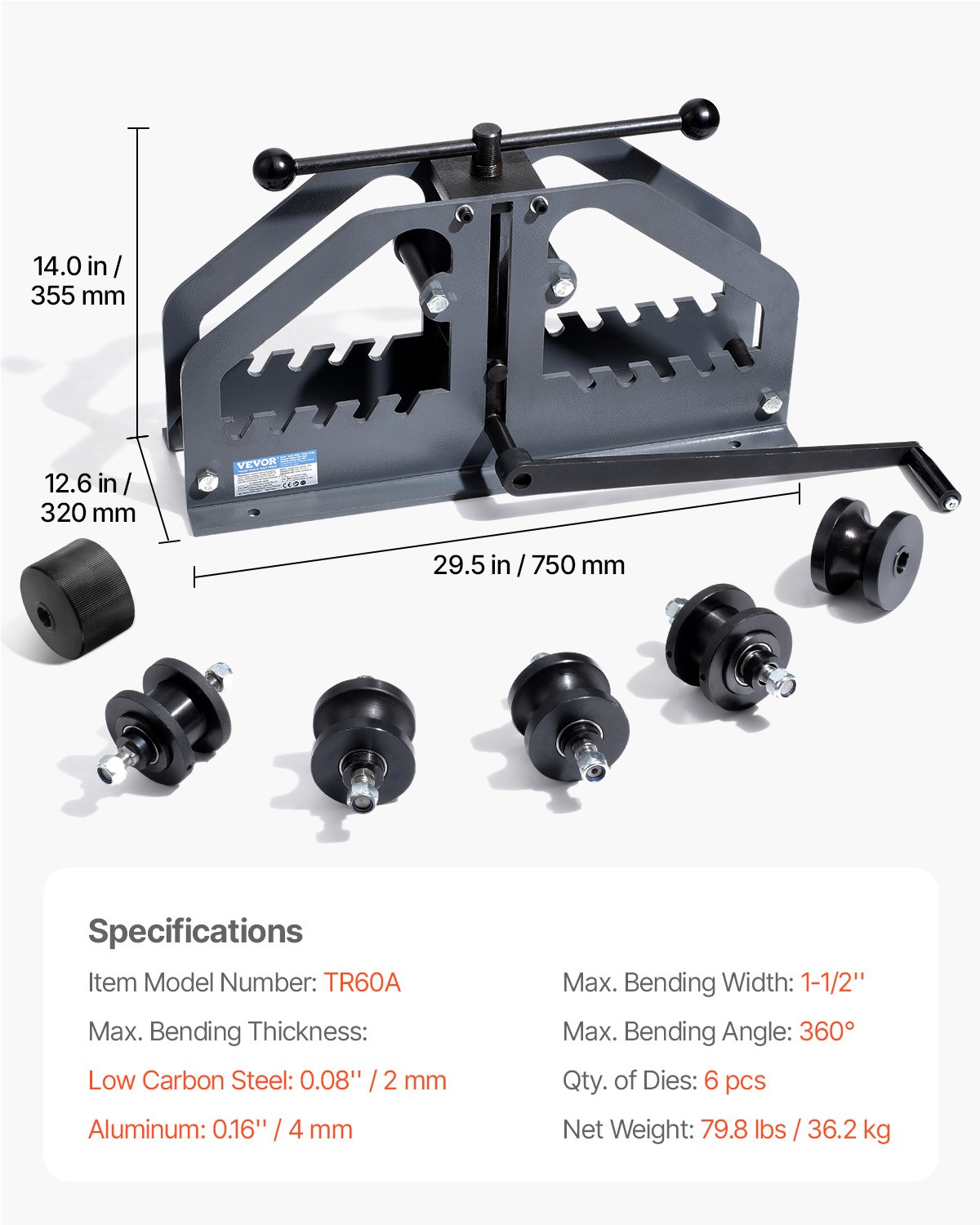 VEVOR Tube Roller Bender Max 1-1/2" Manual Tube Pipe Roller Bender with 6 Dies