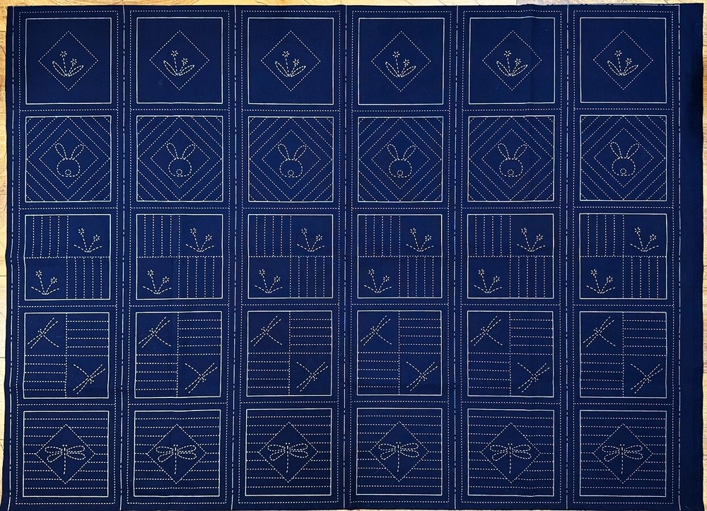 Sashiko Pre-printed Panel - HM-20 -Springtime Squares-Bunnies, Dragonflies-Navy