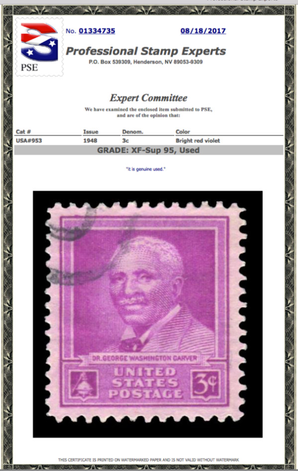 #953 Used, PSE Graded 95, Cert # 01334735