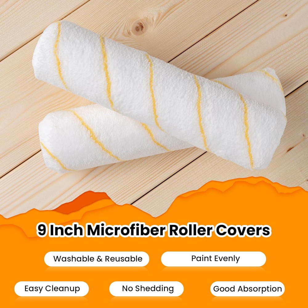 9 Microfiber Paint Roller Covers, 5 Pack, 3/8 Nap for Smooth, Fast Coverage
