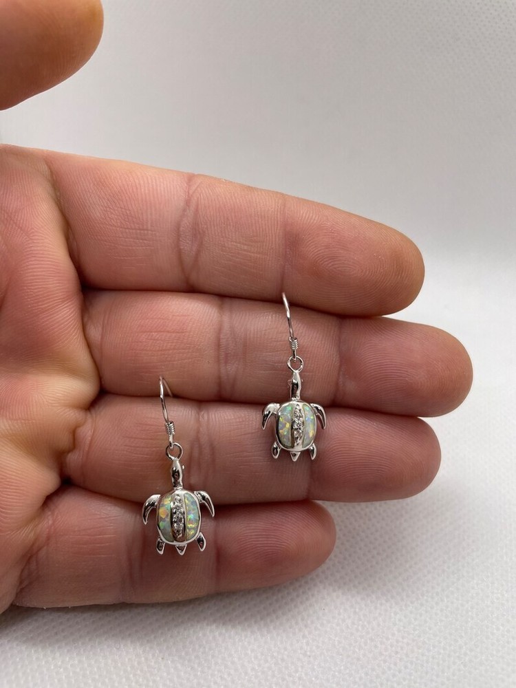 Dangling turtle earrings with opal & lab created diamonds 925 sterling silver