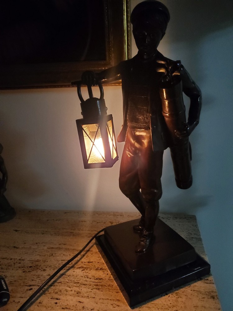 Bronze Boy Golfer Caddy Lantern Light Statue H 23"