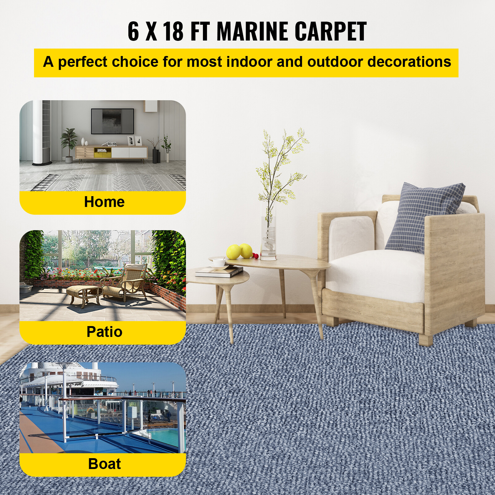 VEVOR Boat Carpet Marine Carpet 6x18' Roll In/Outdoor Carpet Rug Anti-Slide Gray