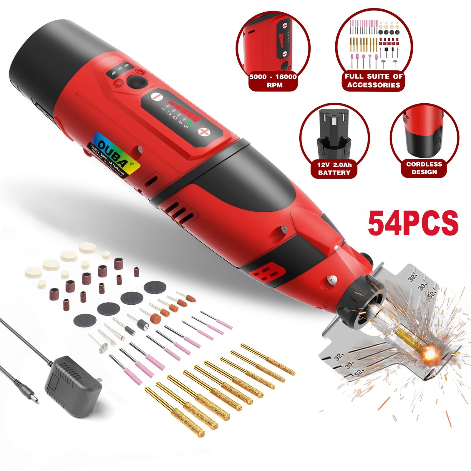 OUBA Cordless Rotary Tool Kit 12V 18000RPM 54 Accessories DIY Chainsaw Sharpener