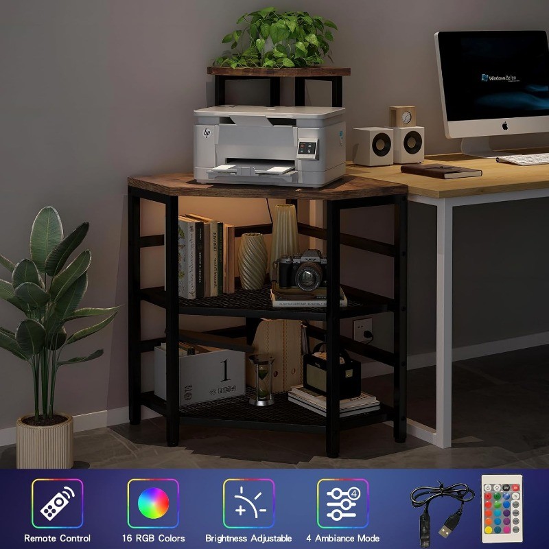 Corner Printer Stand Table, with Power Outlet and USB Charging & LED Lights
