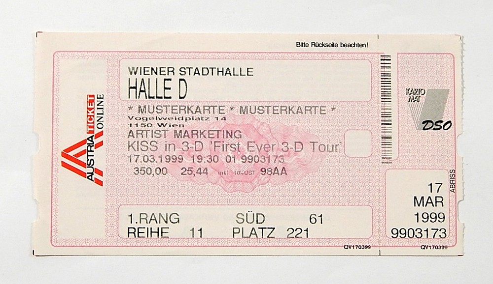 KISS 3-D Tour Unused Ticket Stub Vienna Austria 3/17/1999