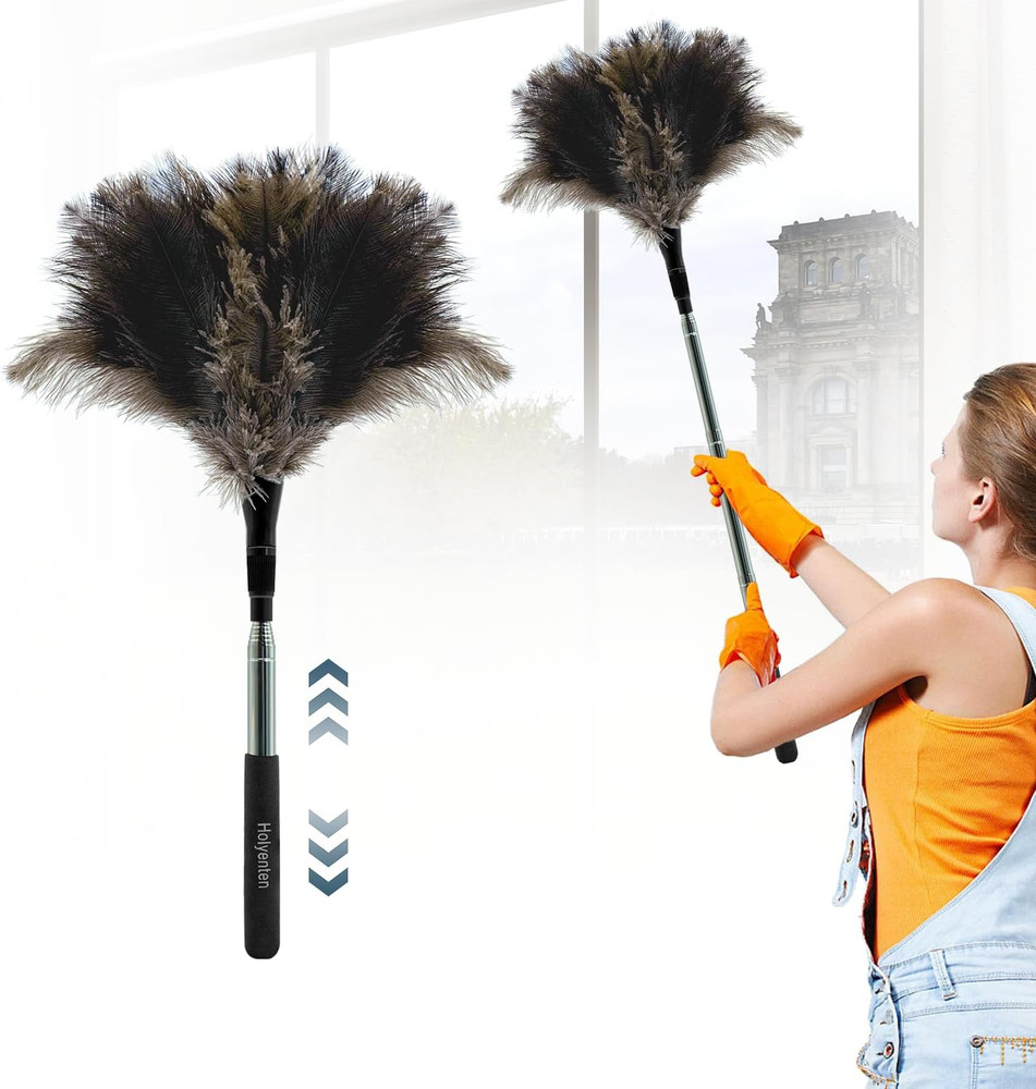 Extendable Feather Duster - 47 inches Fluffy Long Handle Reusable Feather Dus...