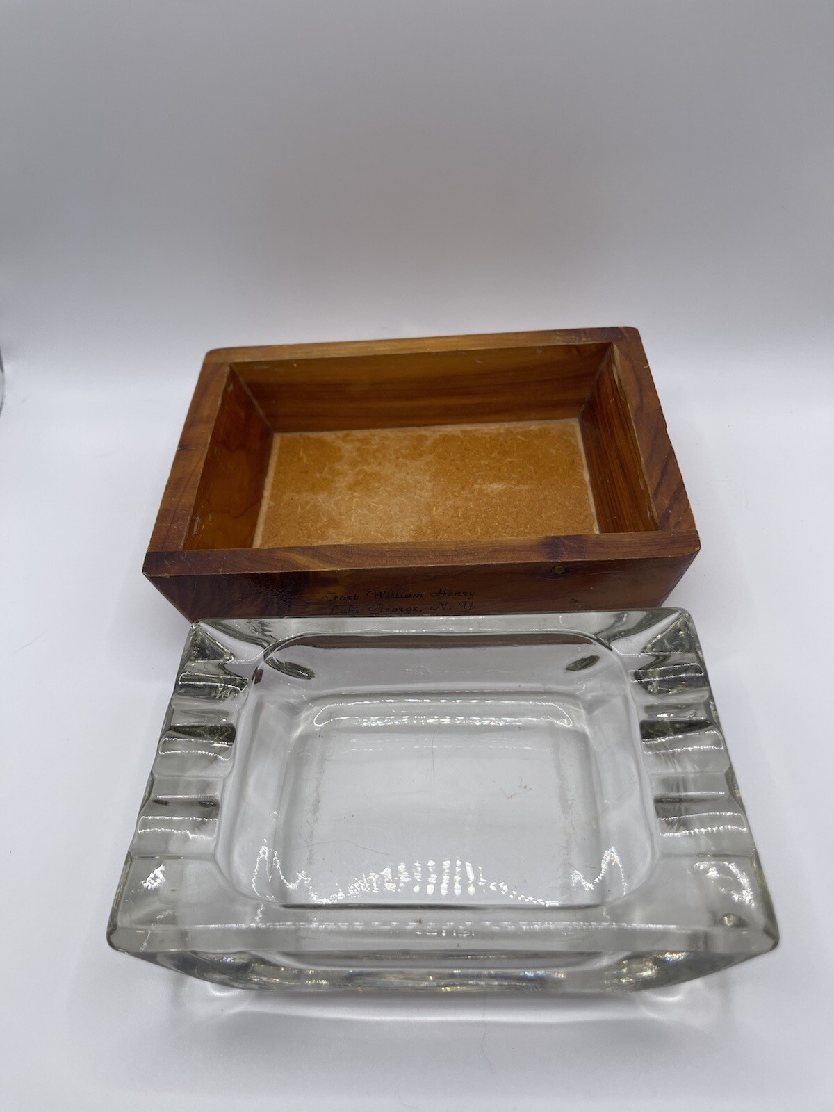 Fort William Henry Ashtray Lake George NY Souvenir Two Piece Wood and Glass
