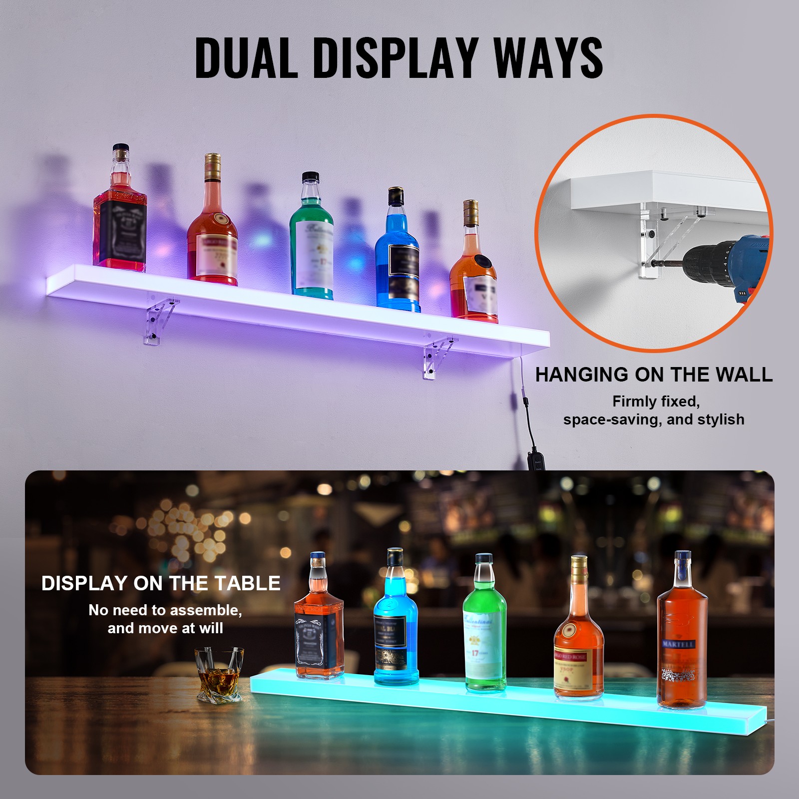 VEVOR Wall Mounted LED Lighted Liquor Bottle Display Home Bar Shelf 40" 1-Step