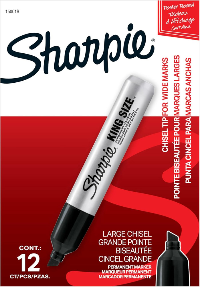 King Size Permanent Markers, Chisel Tip, Black, 12 Count - Thick Poster Markers,