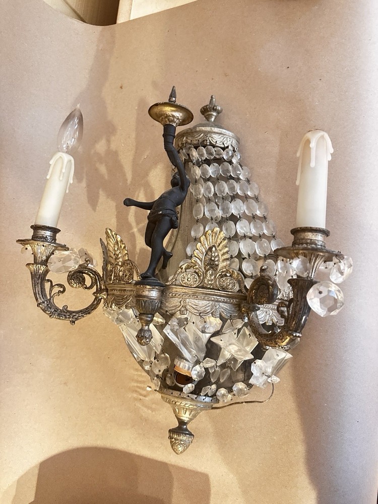 Neoclassical Figurative Crystal Sconce Large Antique