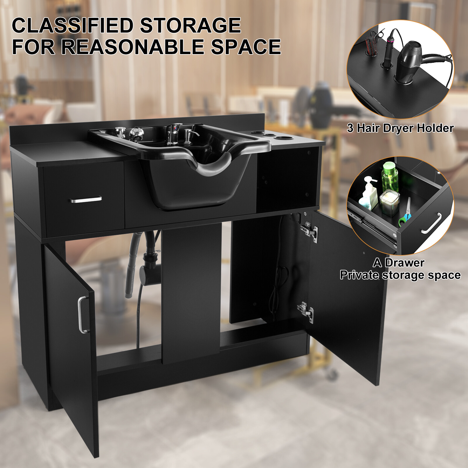 New Backwash Sink Station Shampoo Bowl Beauty Salon Spa Mirror+Drawer+USB+P Trap