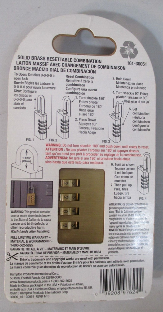BRINKS 30mm 4-Dial Combination Weather-Resistant SOLID BRASS Security PADLOCK