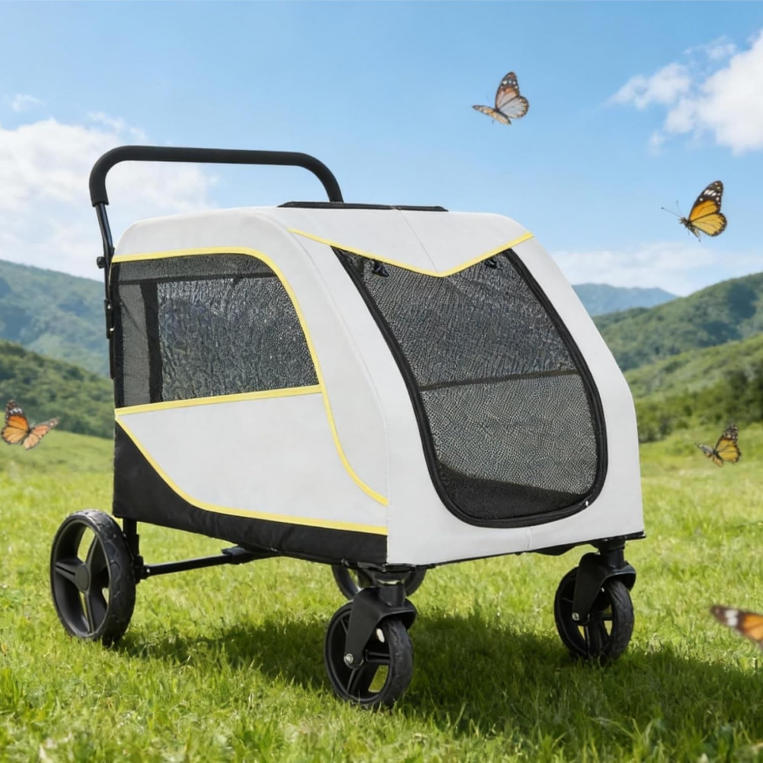 Large Pet Stroller 4 Wheels 130 Lbs, Foldable Dog Cat Cage with Foot Brake White