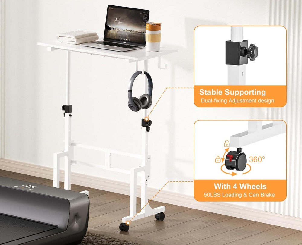 Small Adjustable Height Standing Desk With 2 Hooks, Rolling Sit Stand Up Desk Wi