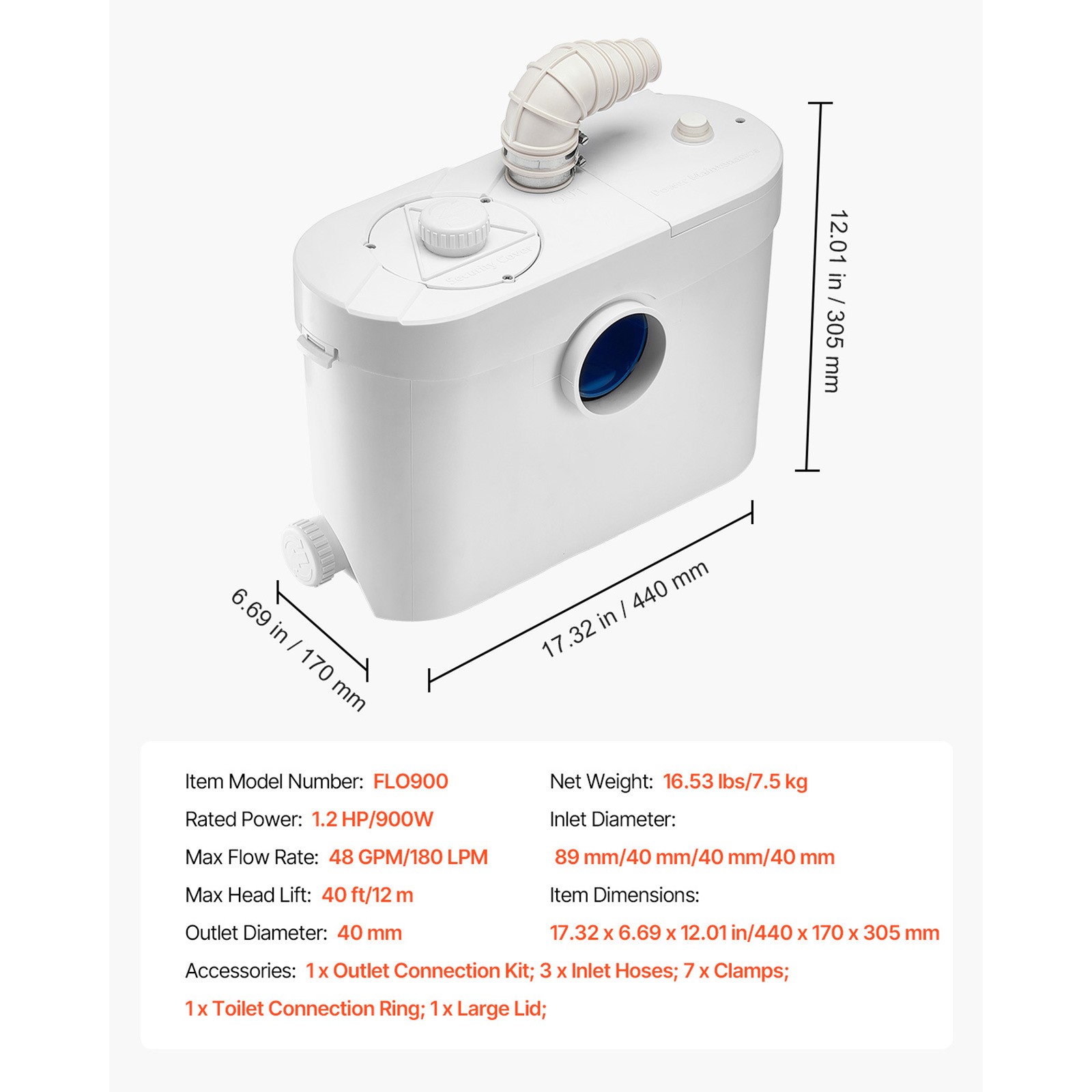 Macerator Pump 900W 48 GPM Flow 40 ft Head Lift Pump Toilet Basement Sink