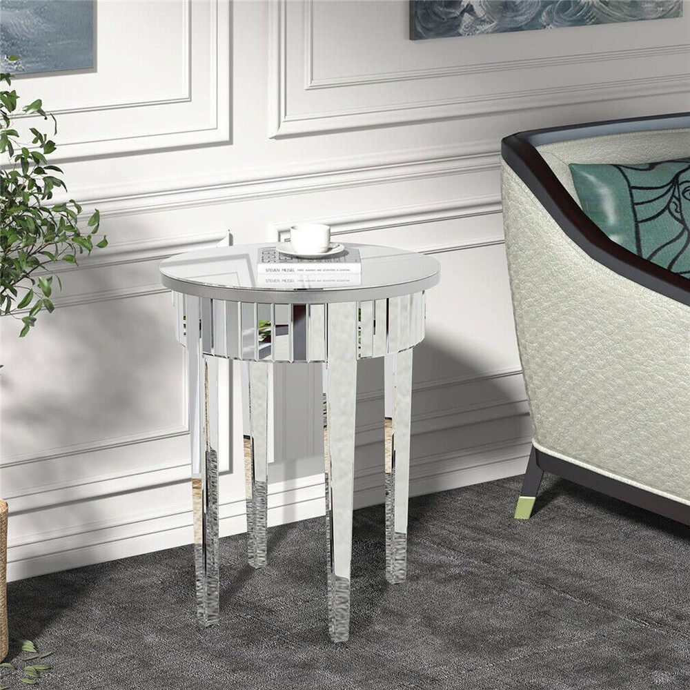 Round Venetian Mirrored Side Table Sofa Bedside Coffee Table Storage Wood Frame
