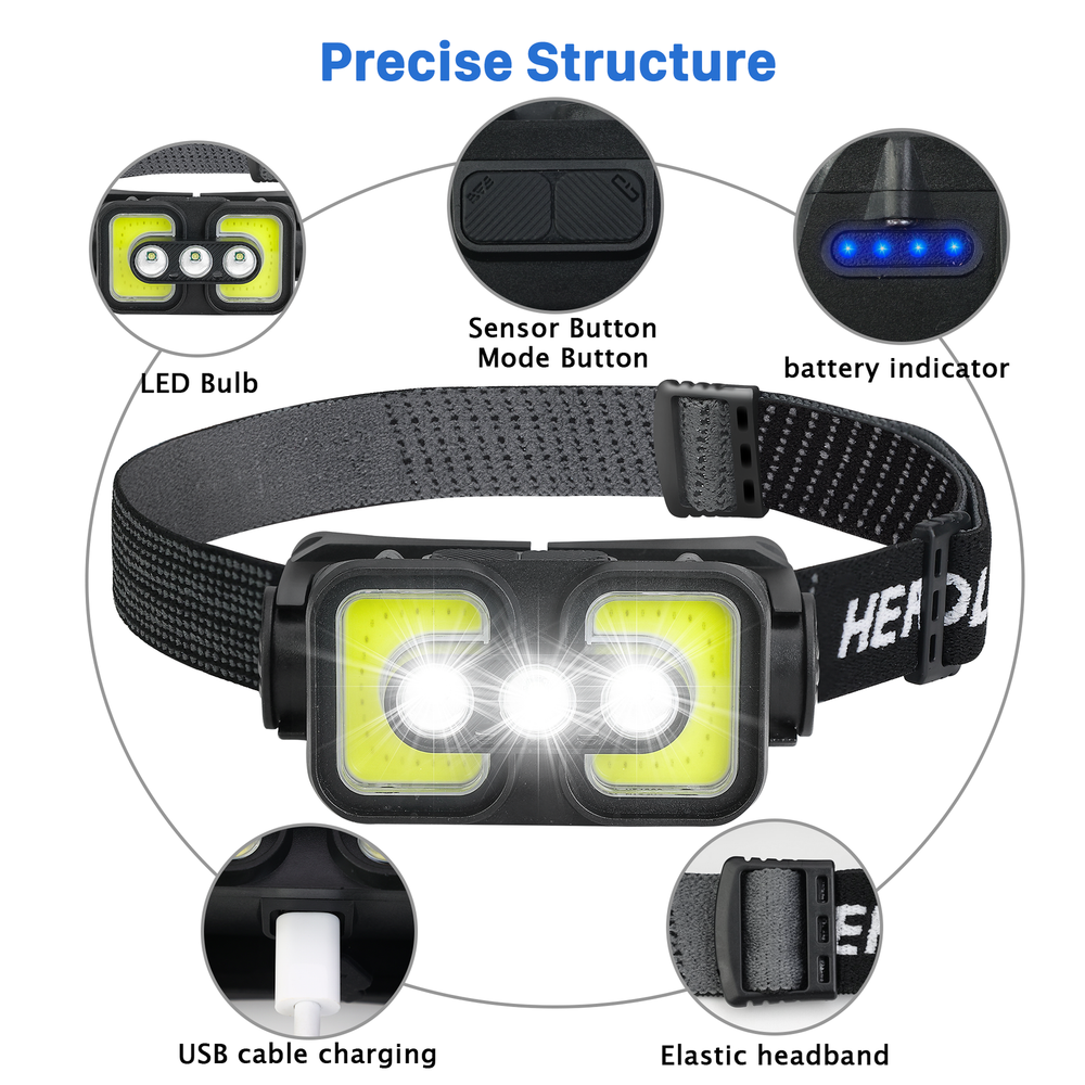 COB LED Sensor Headlamp USB Rechargeable Headlight Torch WorkLight Bar Head Lamp