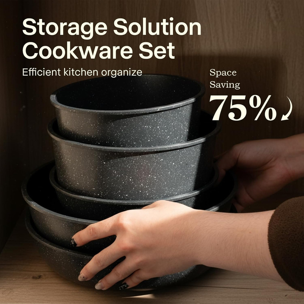 21 PCS Non-Stick Ceramic Cookware Set, Stackable & Portable, Black