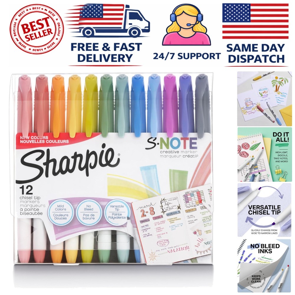 Versatile S-Note Chisel Tip Markers - 12 Assorted Pastel Colors for Art & Notes