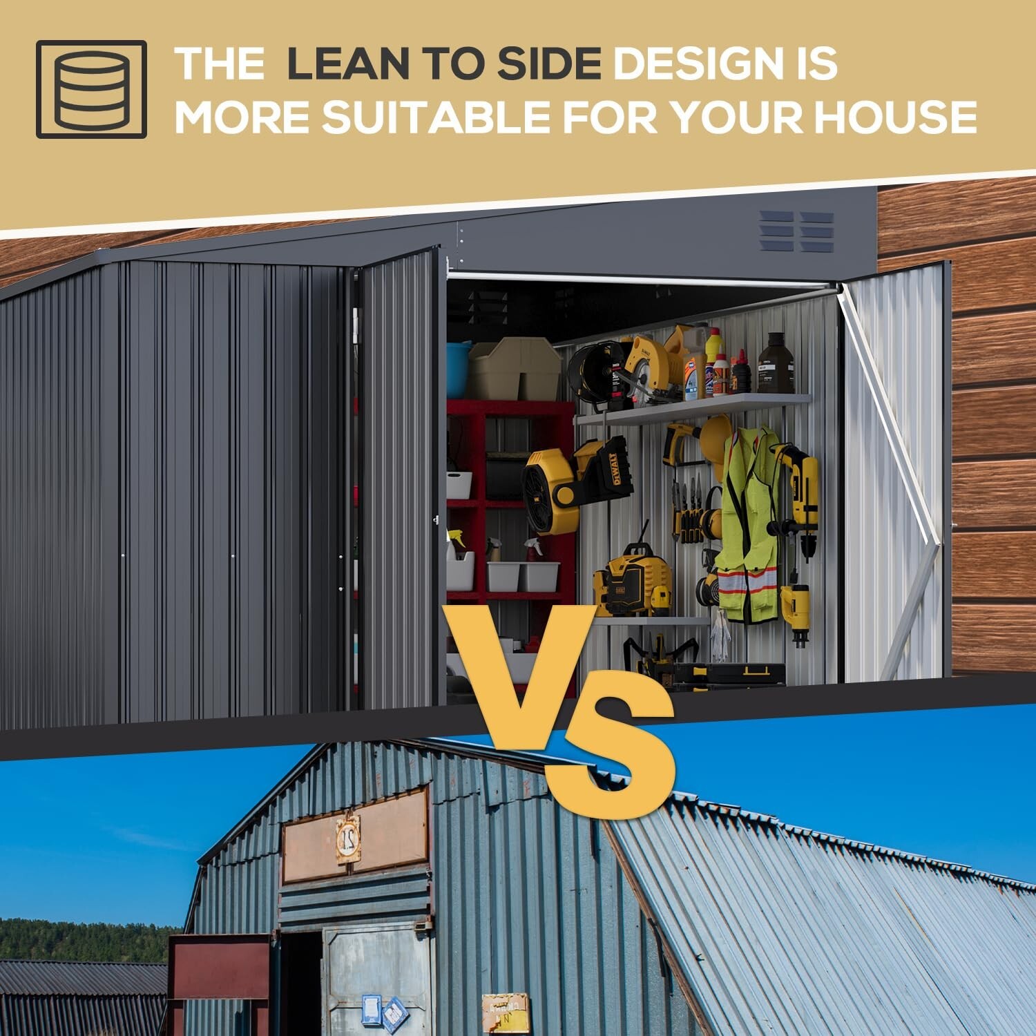 Lean to Garden Storage Shed Outdoor Metal Tool House w/ Lockable Door Multi-size