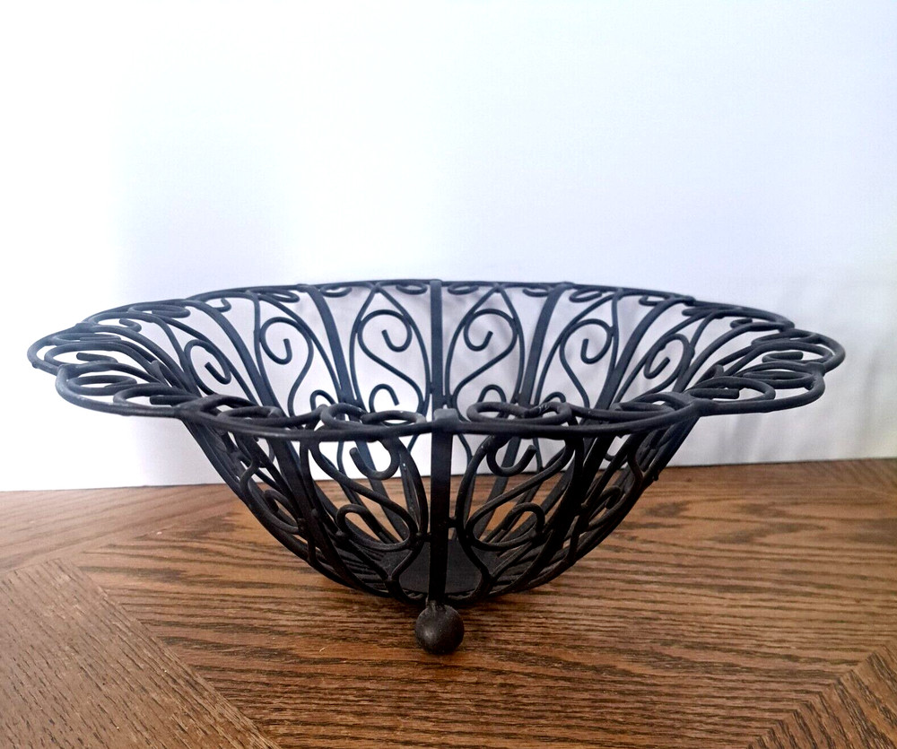 Dark Brown Metal 12'' Fruit Basket Scroll Design 4.5'' High