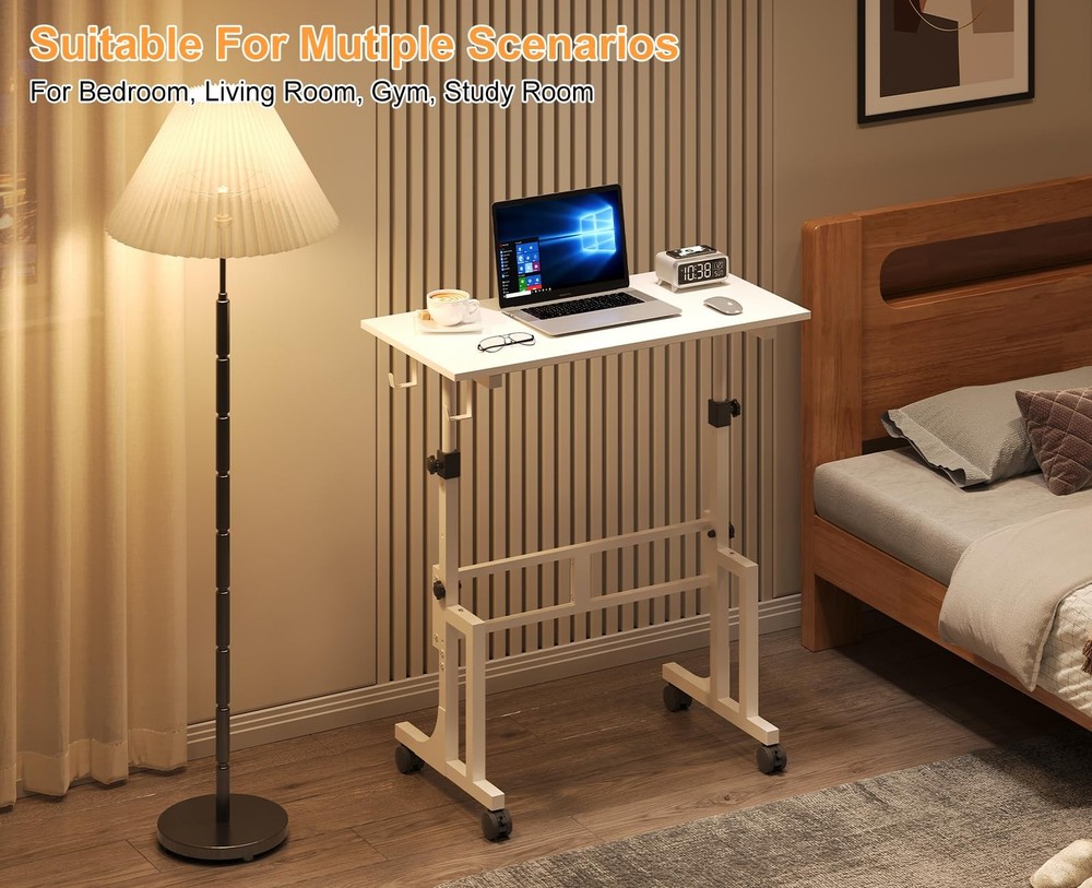 Small Adjustable Height Standing Desk With 2 Hooks, Rolling Sit Stand Up Desk Wi
