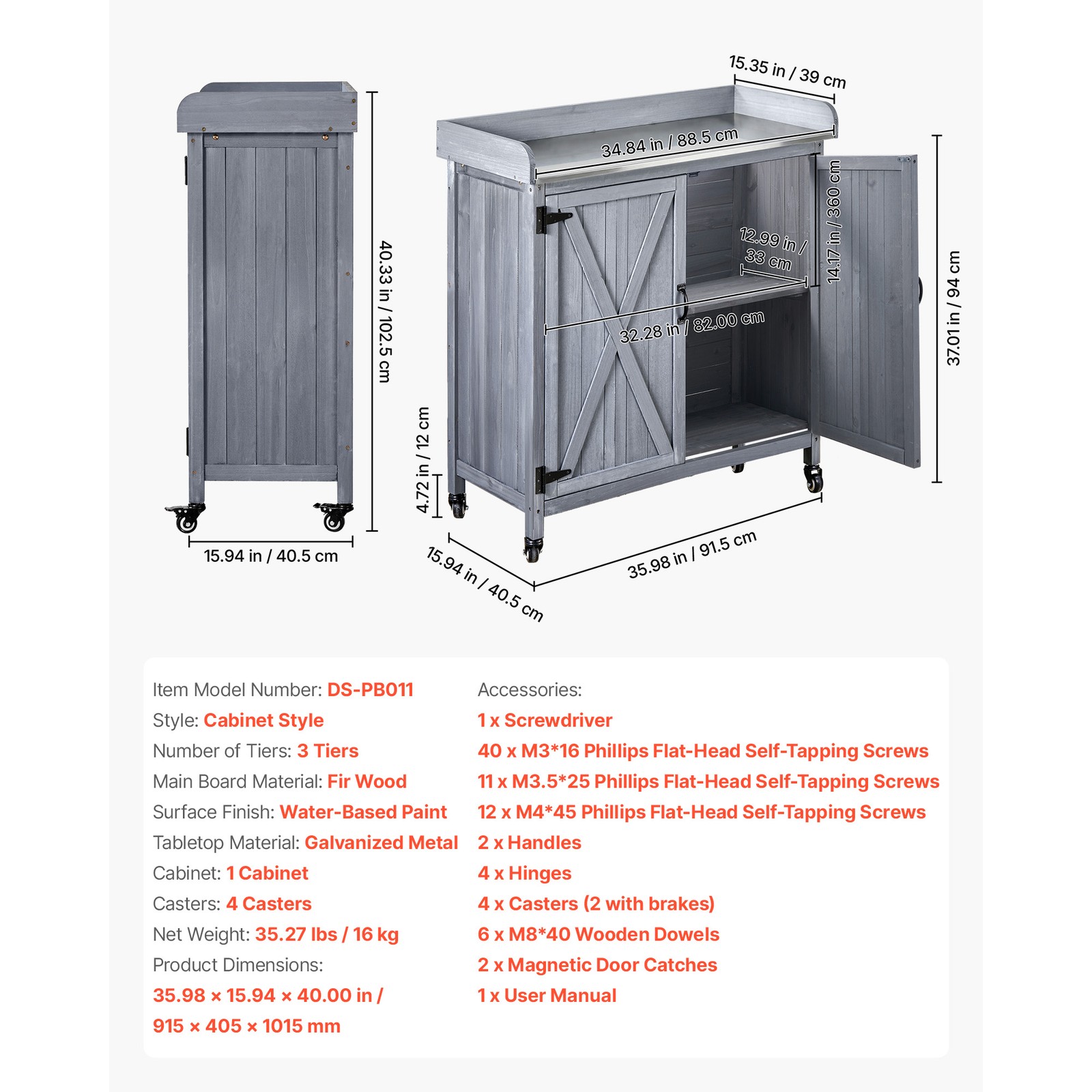 Uimoso Outdoor Wooden Potting Bench with Iron Work Surface and Storage Cabinet