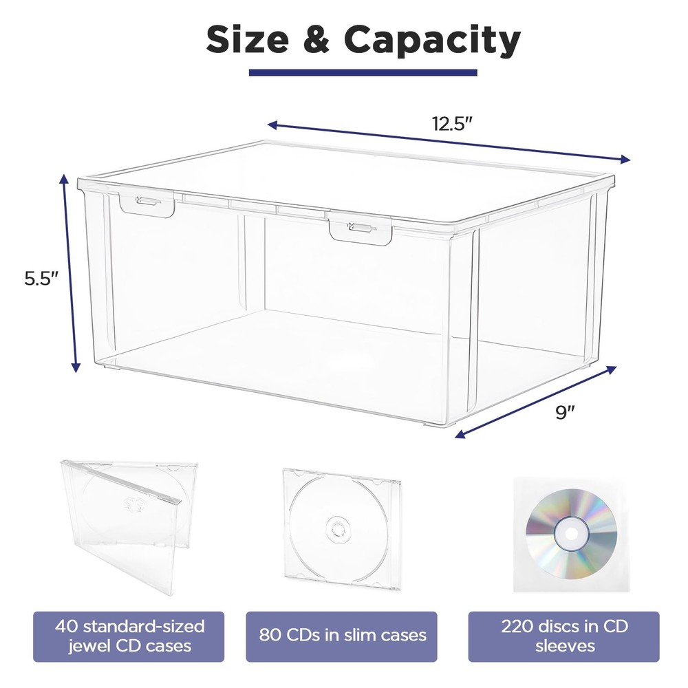CollectHall Plastic CD Storage Box, Store 40+ CDs, Clear DVD