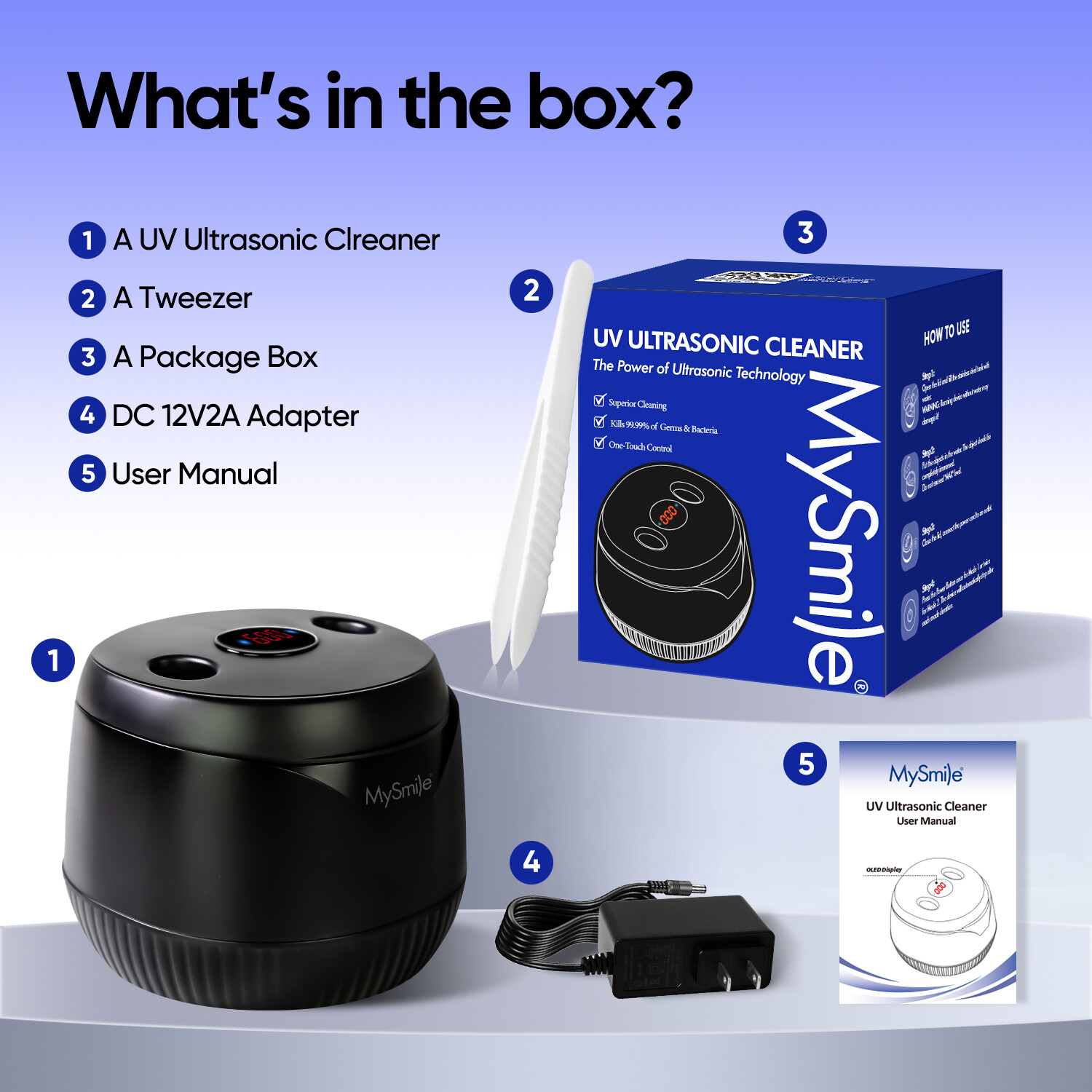 MySmile 45kHz Ultrasonic UV Cleaner with Timer for Dentures, Retainer, Jewelry