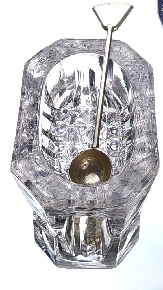 Vintage Open Footed Crystal Salt Cellar (Rectangular) with 925 Silver Spoon