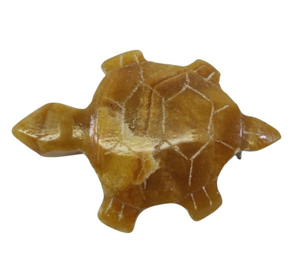 Hand Carved Stone Turtle Brooch Brown