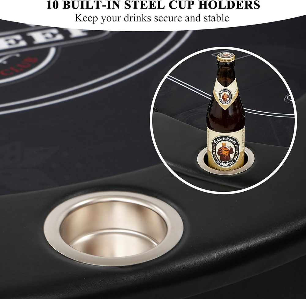 10-Player Foldable Poker Table with Cup Holders & Padded Rails - 84" Black