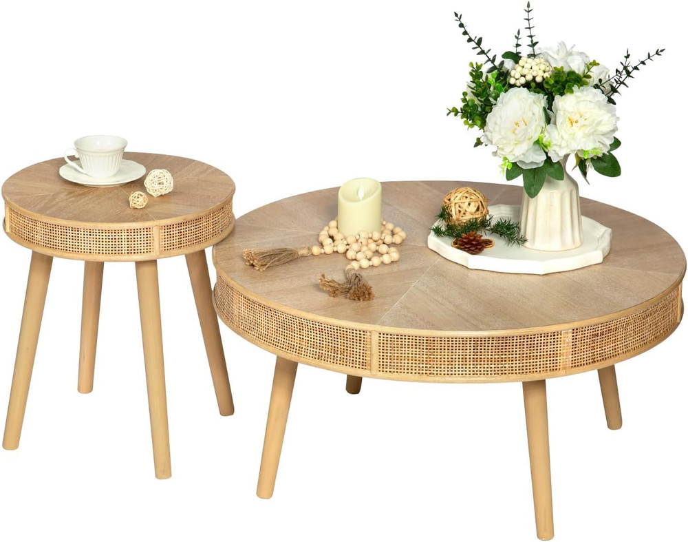 2-Piece Farmhouse Coffee Table, Modern Rustic Sofa Side Tea Tables, Solid Wood F