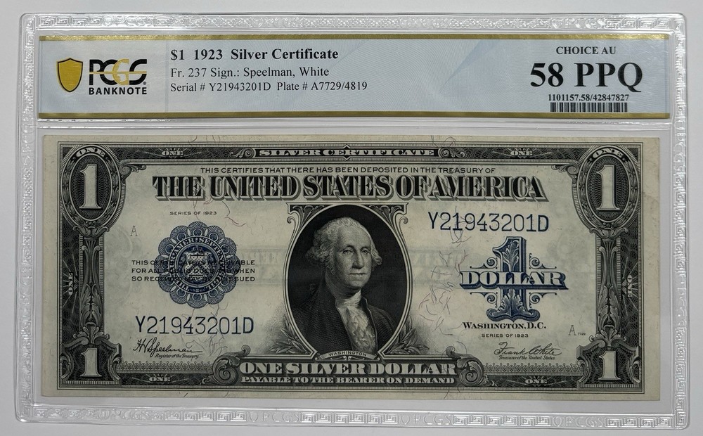 1923 $1 SILVER CERTIFICATE FR#237 PCGS BANKNOTE 58 PPQ