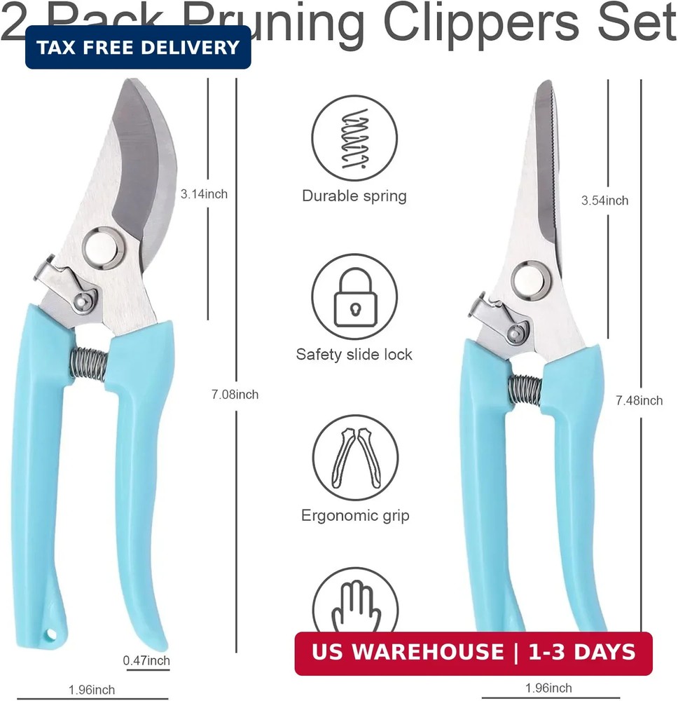 2 Pack Pruning Shears, Stainless Steel Garden Shears, Sharp Bypass & Straight Bl