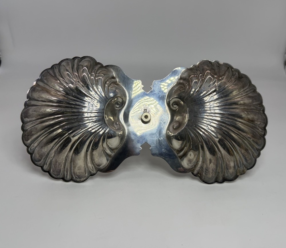 Vtg Crescent Silver Co Plated Double Clam Shell Serving Dish Trinket Tray Footed