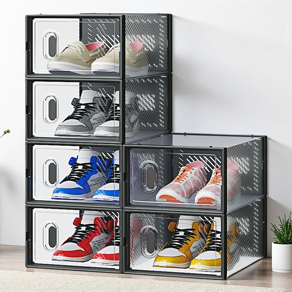 6-Pack Shoe Storage Boxes - Stackable, Plastic Mesh, Door, Black & Small Size