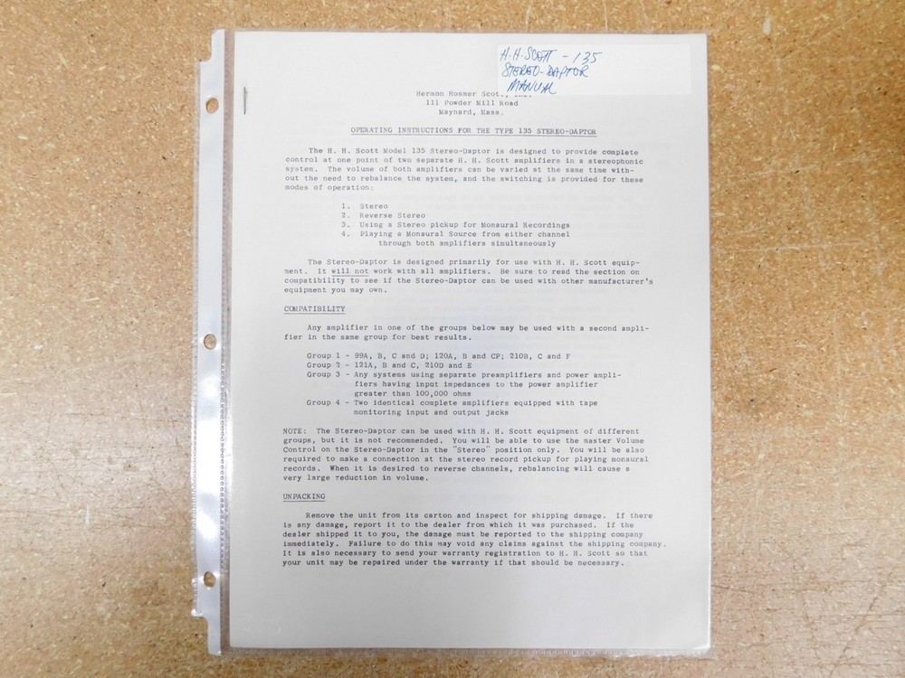 H.H. Scott 135 Stereo-Daptor Operating Instructions (original)