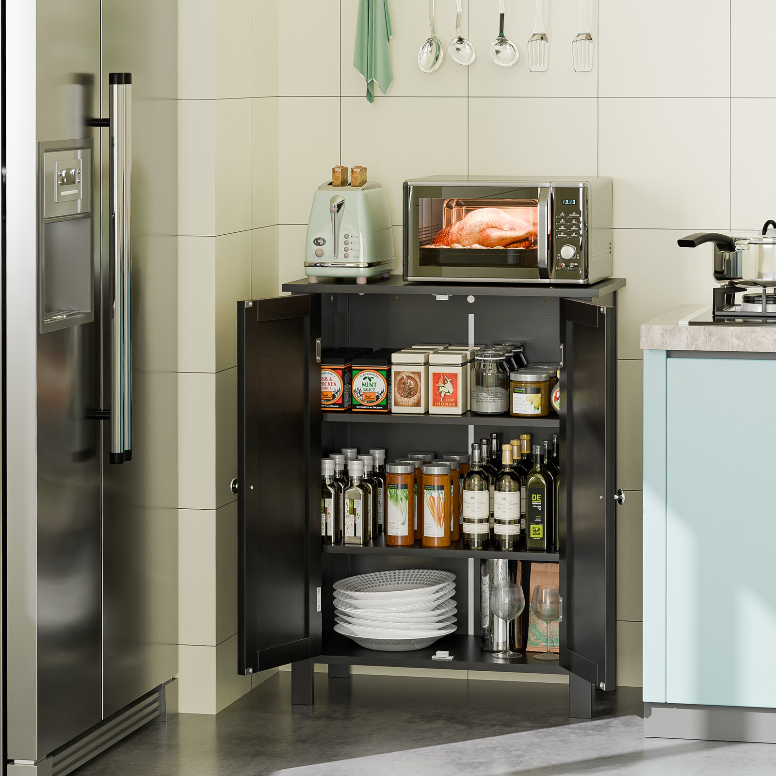 Bathroom Floor Storage Cabinet with Adjustable Shelf Double Door Organizer Black