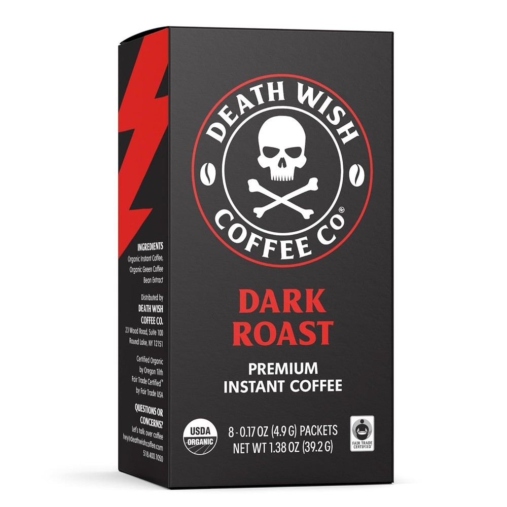 High Caffeine Instant Dark Roast Coffee Packets – Organic & Unflavored – 8 Count