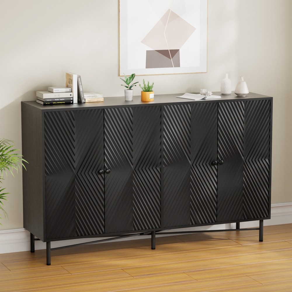 59" Fluted Sideboard Buffet Cabinet w/4 Doors Black Kitchen Storage Sideboard US