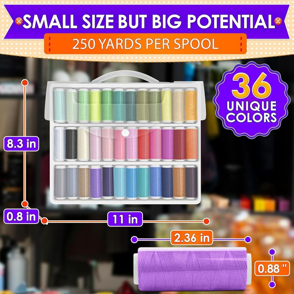 36-Piece Bright Polyester Sewing Thread Set - 250 Yards Each for Versatile Cr...