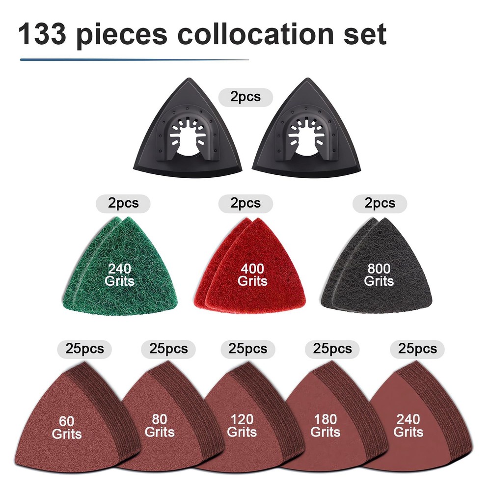 133PCS Oscillating Tool Sanding Pads Kit,125 Sandpaper, 2 Triangular Sanding ...