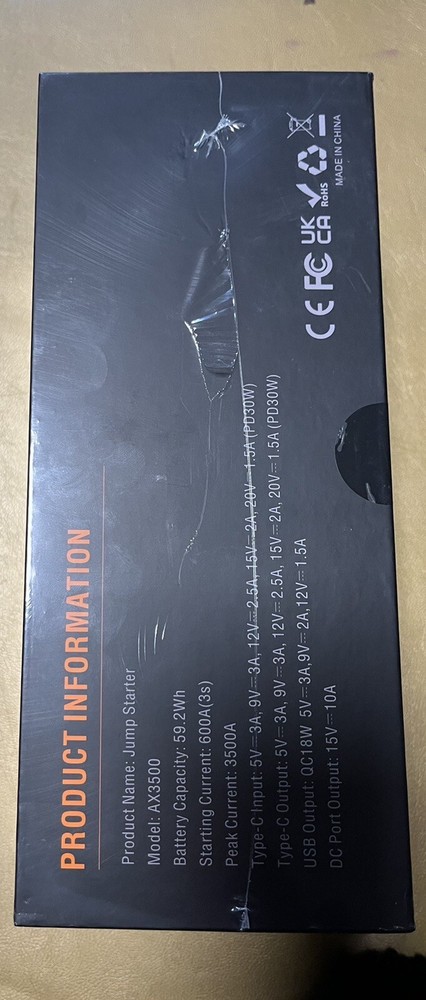 ASPERX AX3500 Portable Car Jump Starter 3500A Peak Current Sealed .