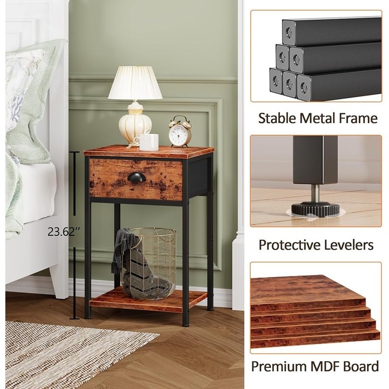 Sturdy Nightstand W/ Fabric Drawer Open Shelves Multi-function Side Table Brown