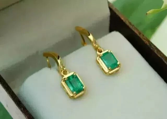 2CT Emerald Cut Simulated Emerald Drop Dangle Earrings 14K Yellow Gold Plated